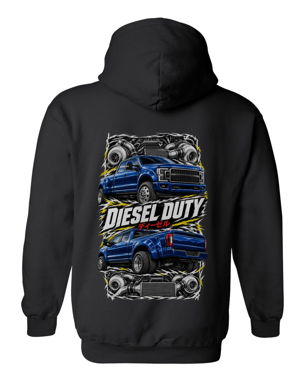 Ford F-250 Power Stroke torn poster black pull over hoodie back view with the design