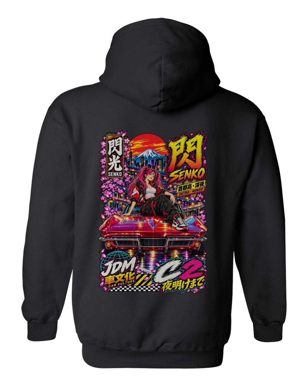 SENKO C2 full-back artwork black pull over hoodie back view with the design