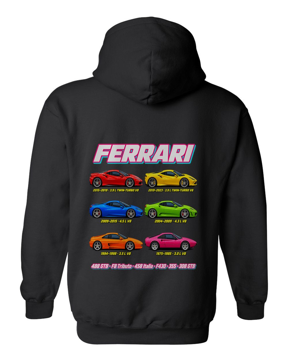 Ferrari V8 evolution poster black pull over hoodie back view with the design