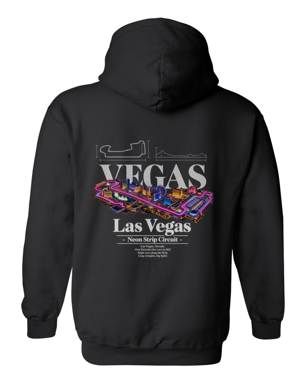 Las Vegas black pull over hoodie back view with the design