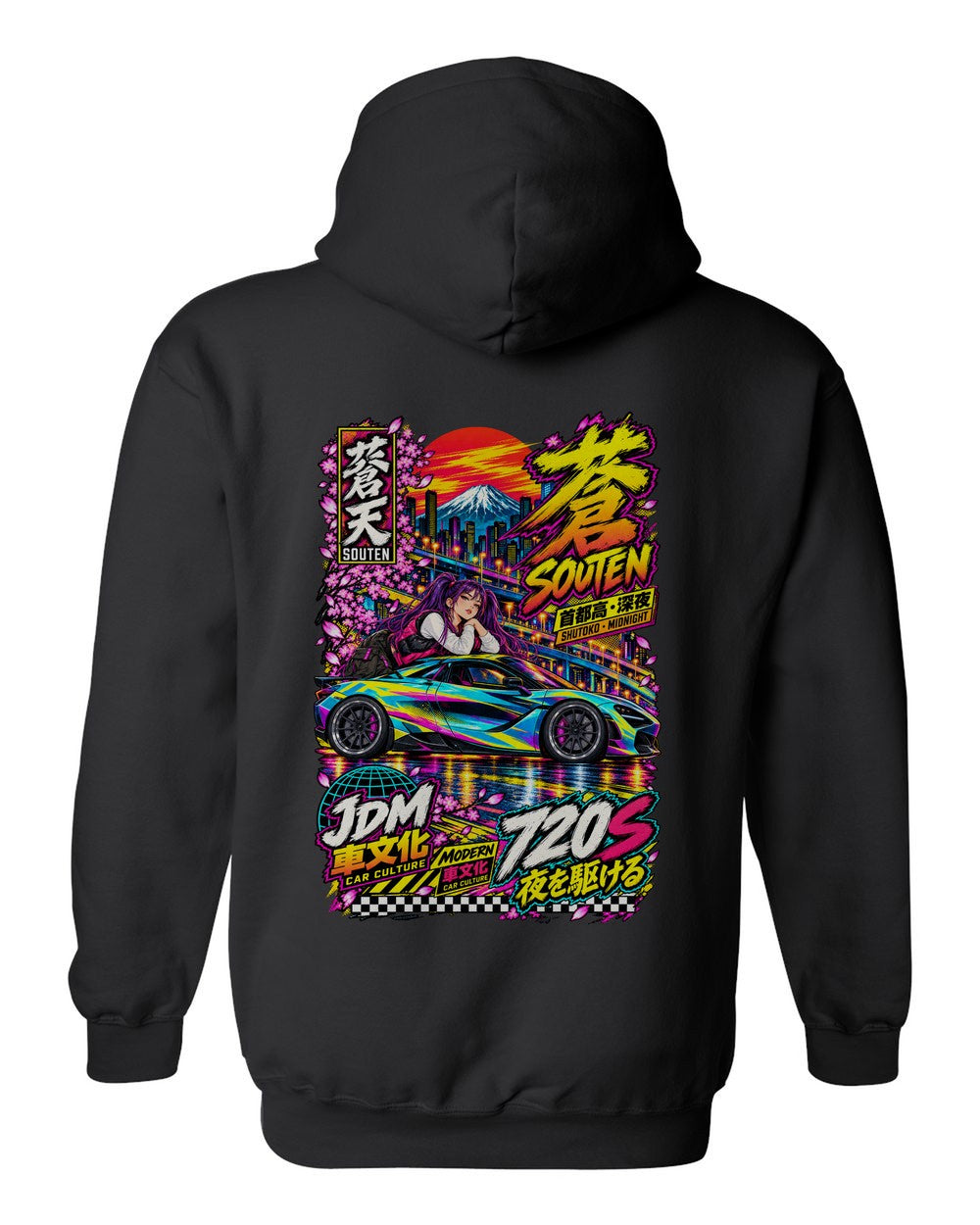 SOUTEN 720S full-back artwork black pull over hoodie back view with the design