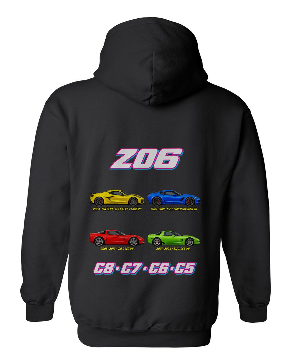 Corvette Z06 evolution poster black pull over hoodie back view with the design
