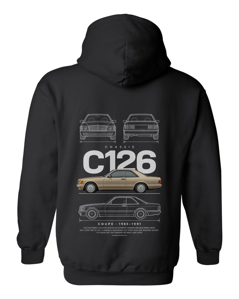 C126 full-back artwork black pull over hoodie back view with the design