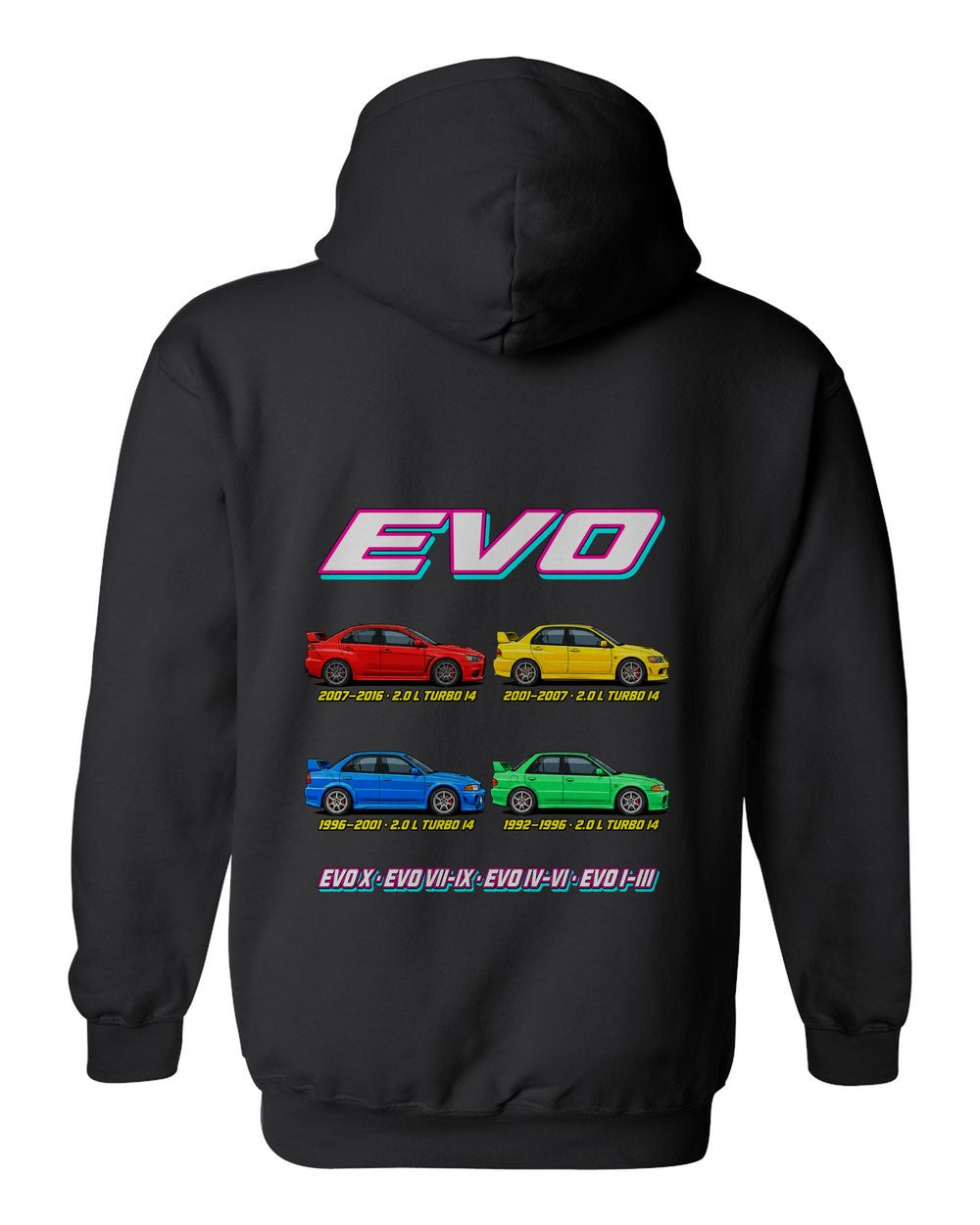 Mitsubishi Evo evolution poster black pull over hoodie back view with the design