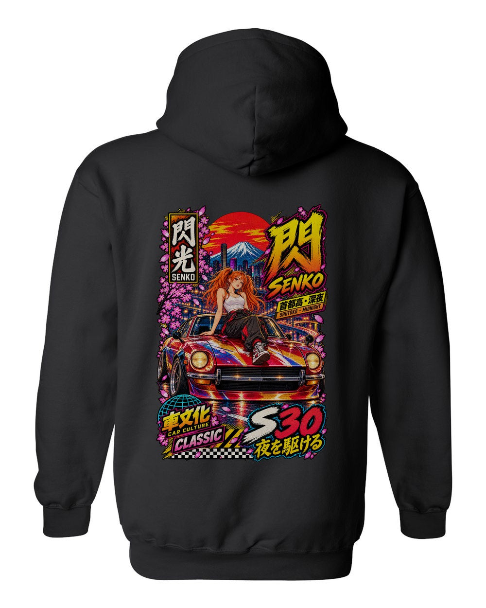 SENKO S30 full-back artwork black pull over hoodie back view with the design