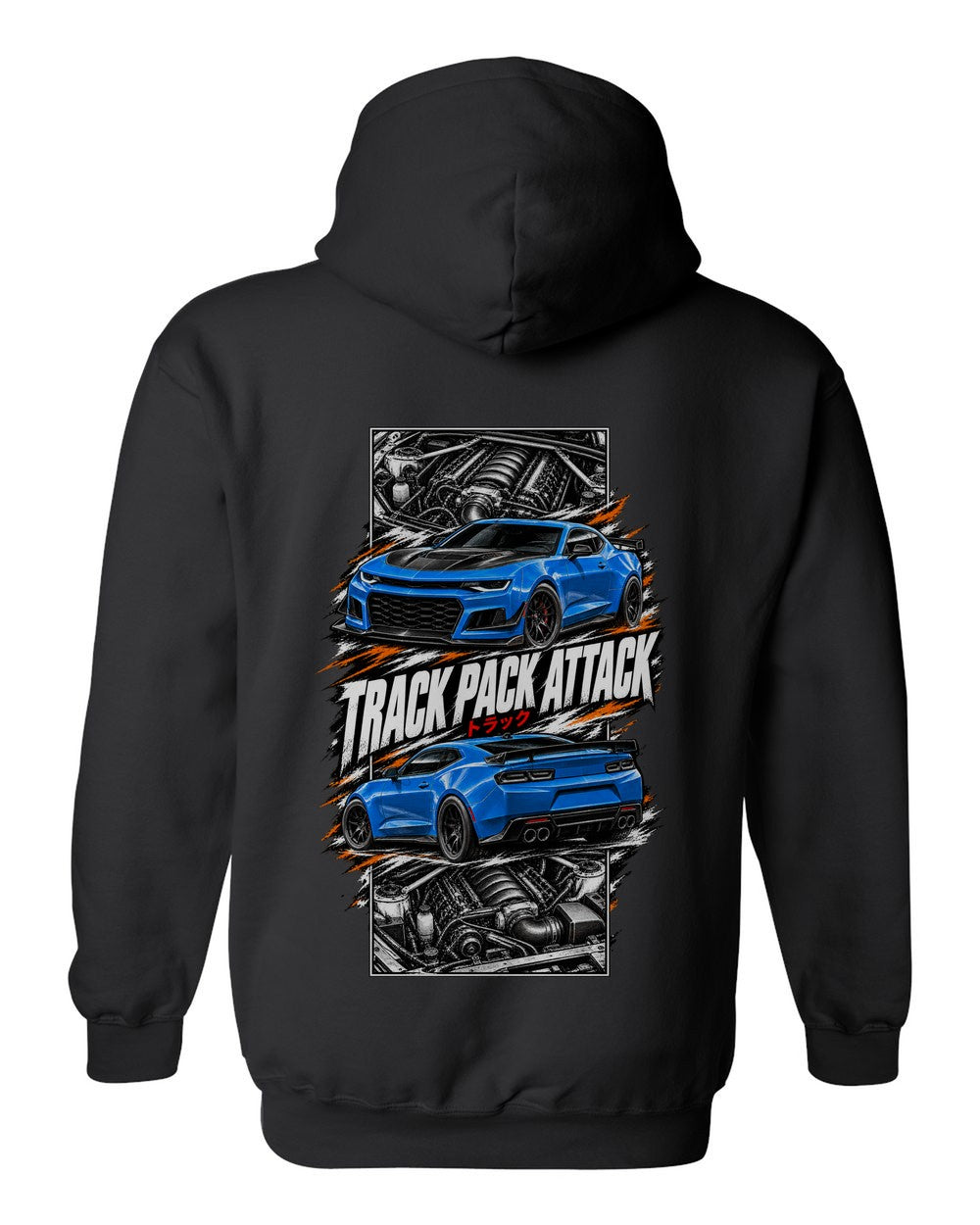 Chevy Camaro SS torn poster black pull over hoodie back view with the design