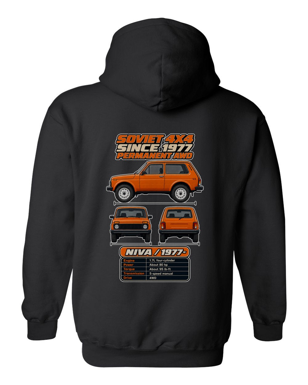 Lada Niva spec sheet black pull over hoodie back view with the design