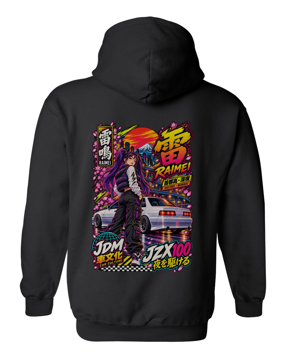 RAIMEI JZX100 full-back artwork black pull over hoodie back view with the design