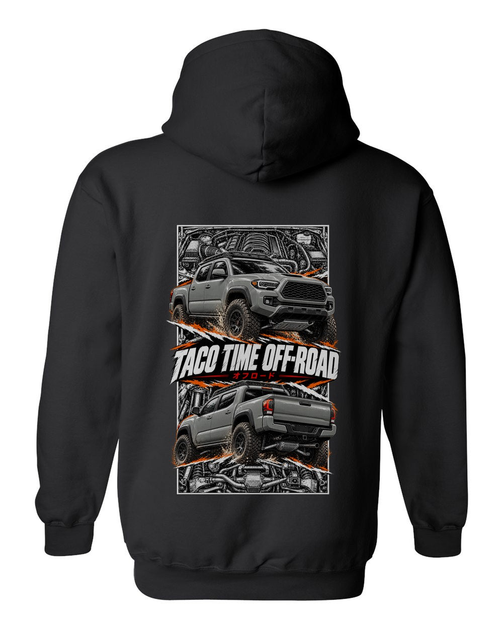 Toyota Tacoma TRD torn poster black pull over hoodie back view with the design