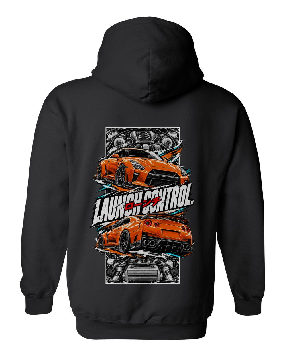 Nissan GT-R R35 torn poster black pull over hoodie back view with the design