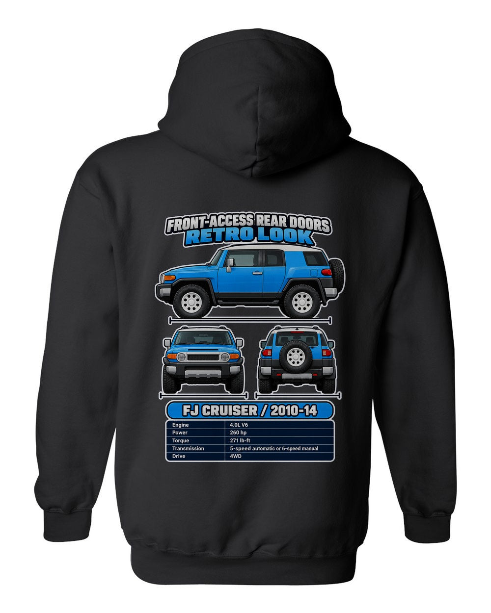 Toyota Fj Cruiser spec sheet black pull over hoodie back view with the design