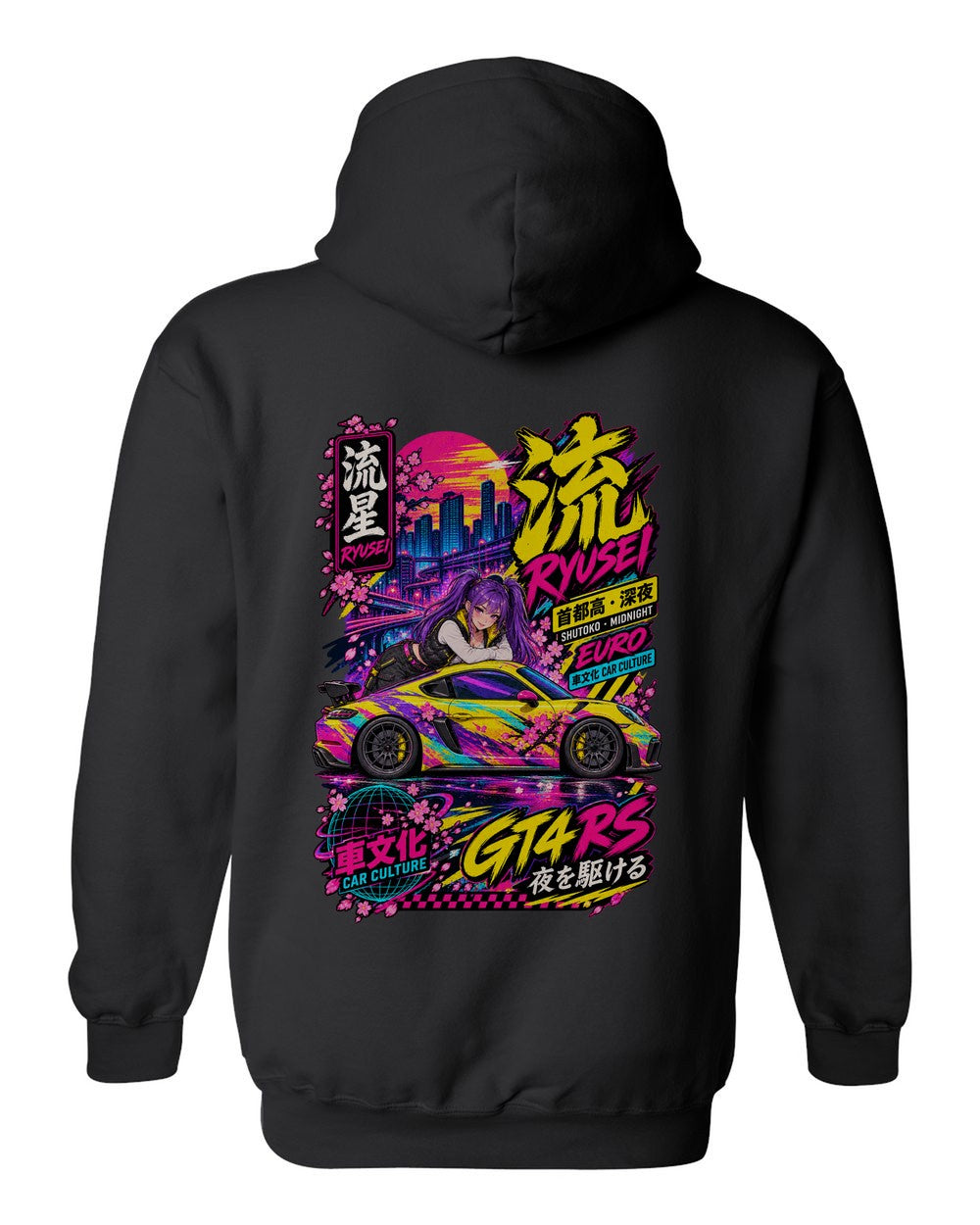 RYUSEI GT4 RS full-back artwork black pull over hoodie back view with the design