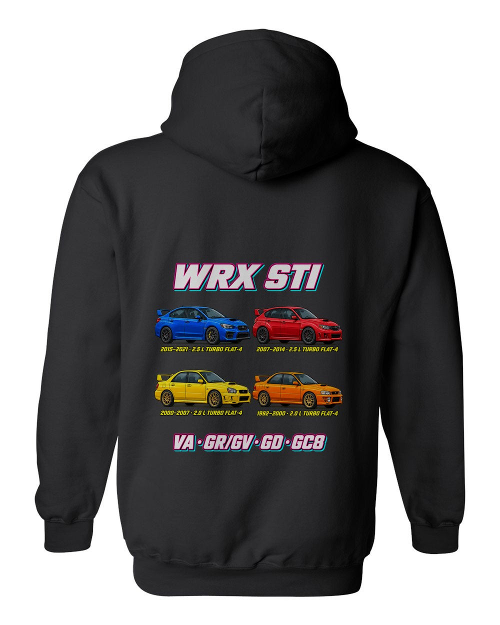 Subaru WRX STI evolution poster black pull over hoodie back view with the design
