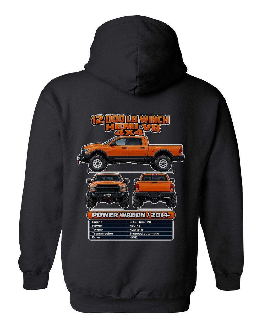 RAM Power Wagon spec sheet black pull over hoodie back view with the design