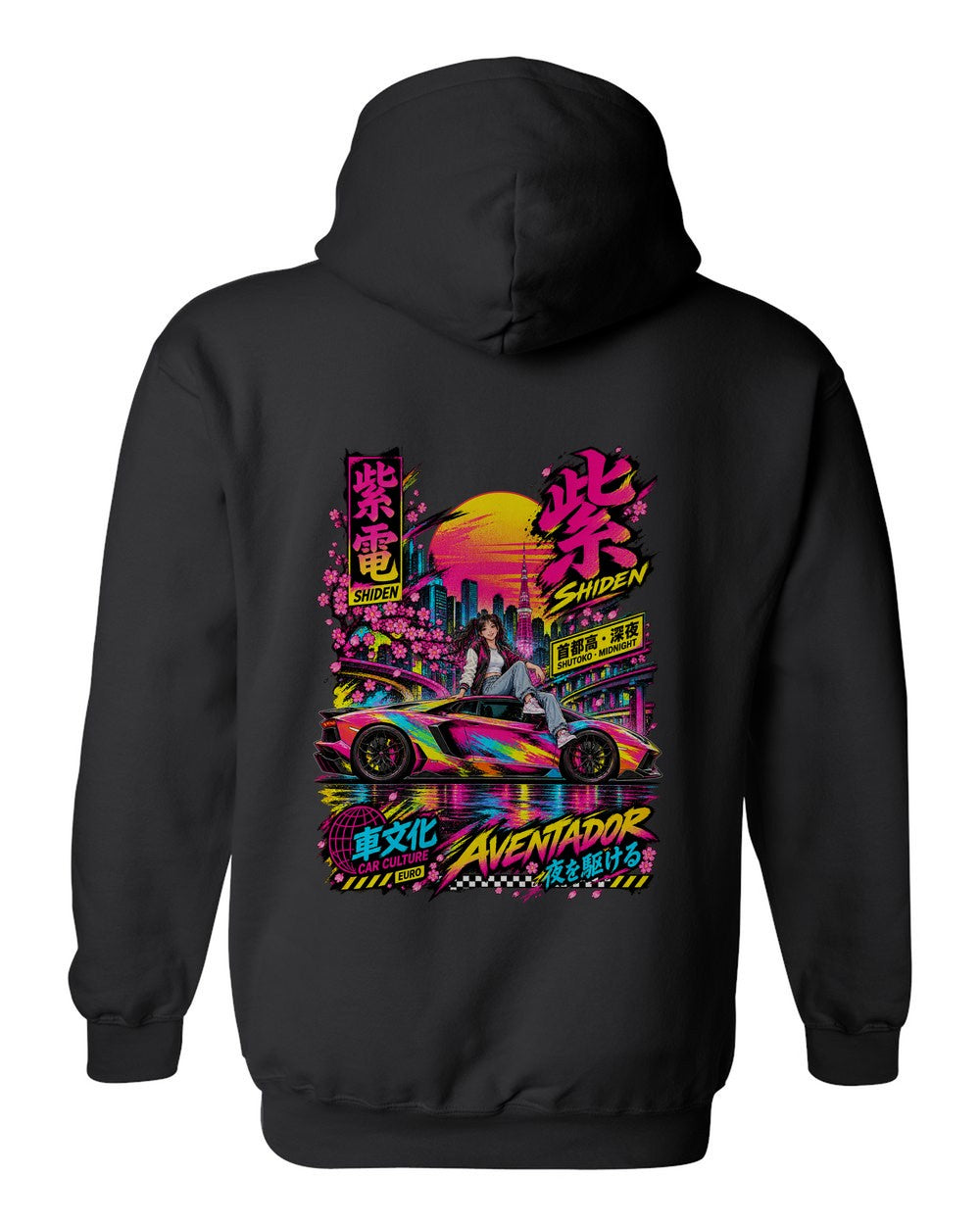 SHIDEN AVENTADOR full-back artwork black pull over hoodie back view with the design