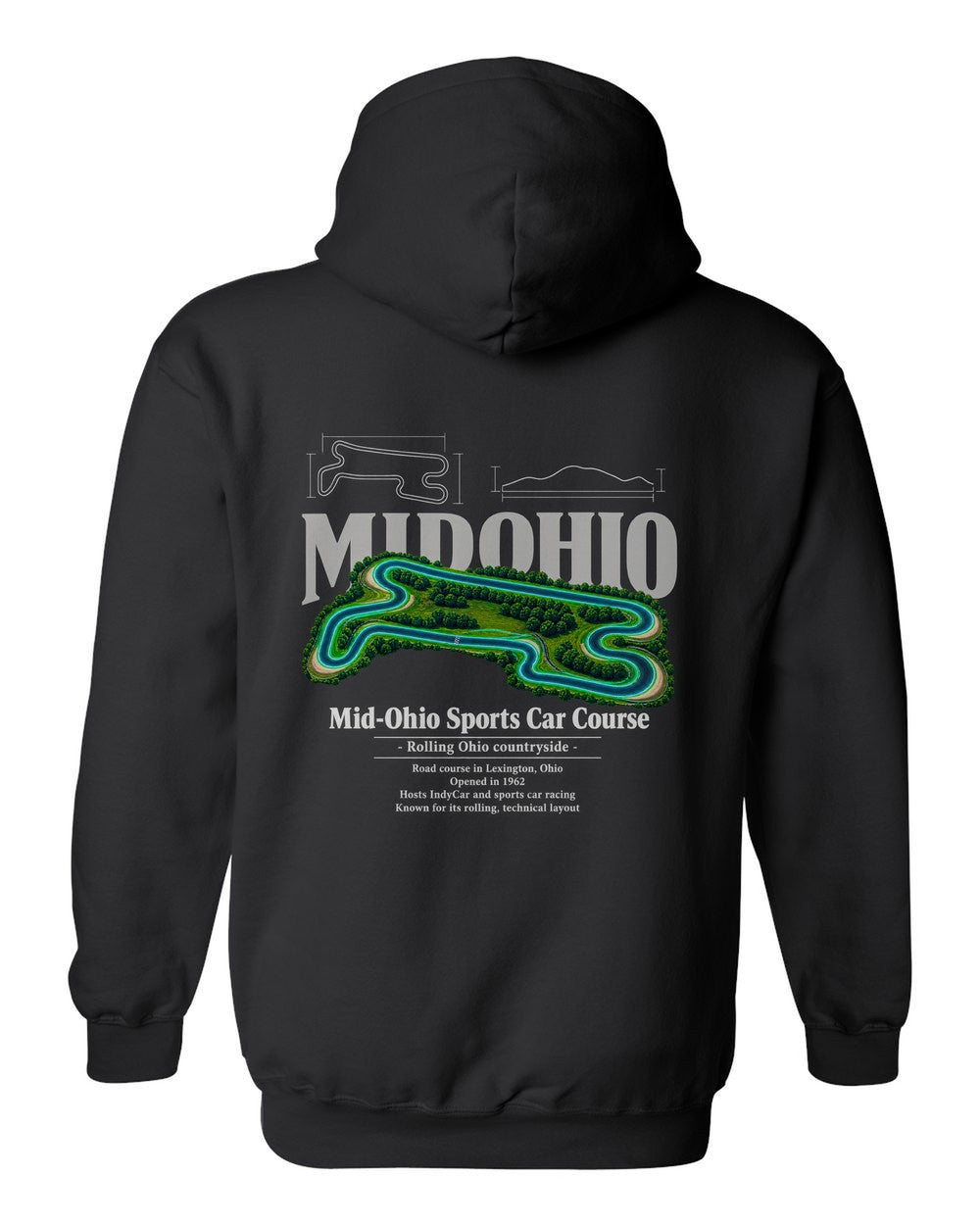 Mid-Ohio Sports Car Course black pull over hoodie back view with the design