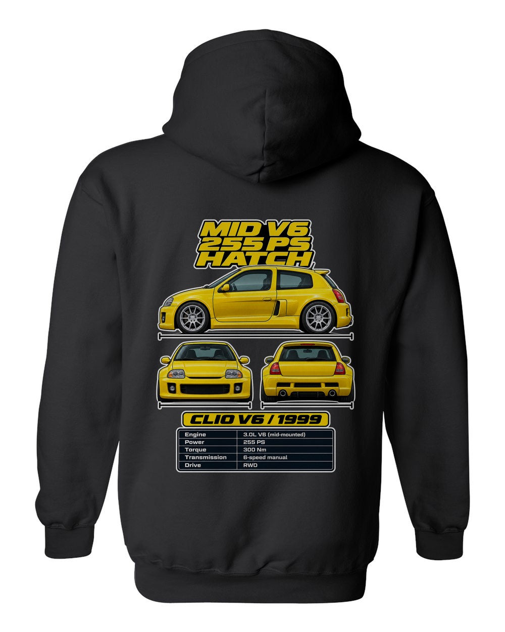 Renault Clio V6 spec sheet black pull over hoodie back view with the design