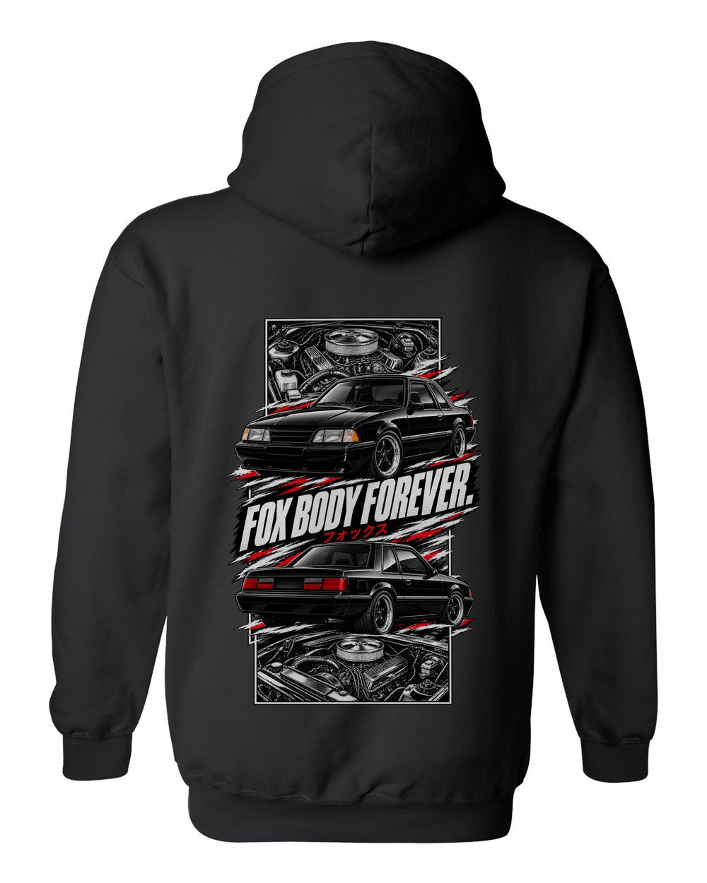 Ford Mustang Fox Body torn poster black pull over hoodie back view with the design