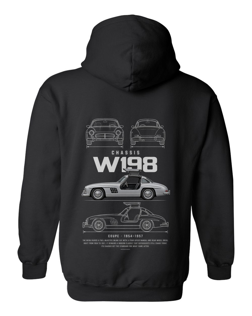 W198 full-back artwork black pull over hoodie back view with the design