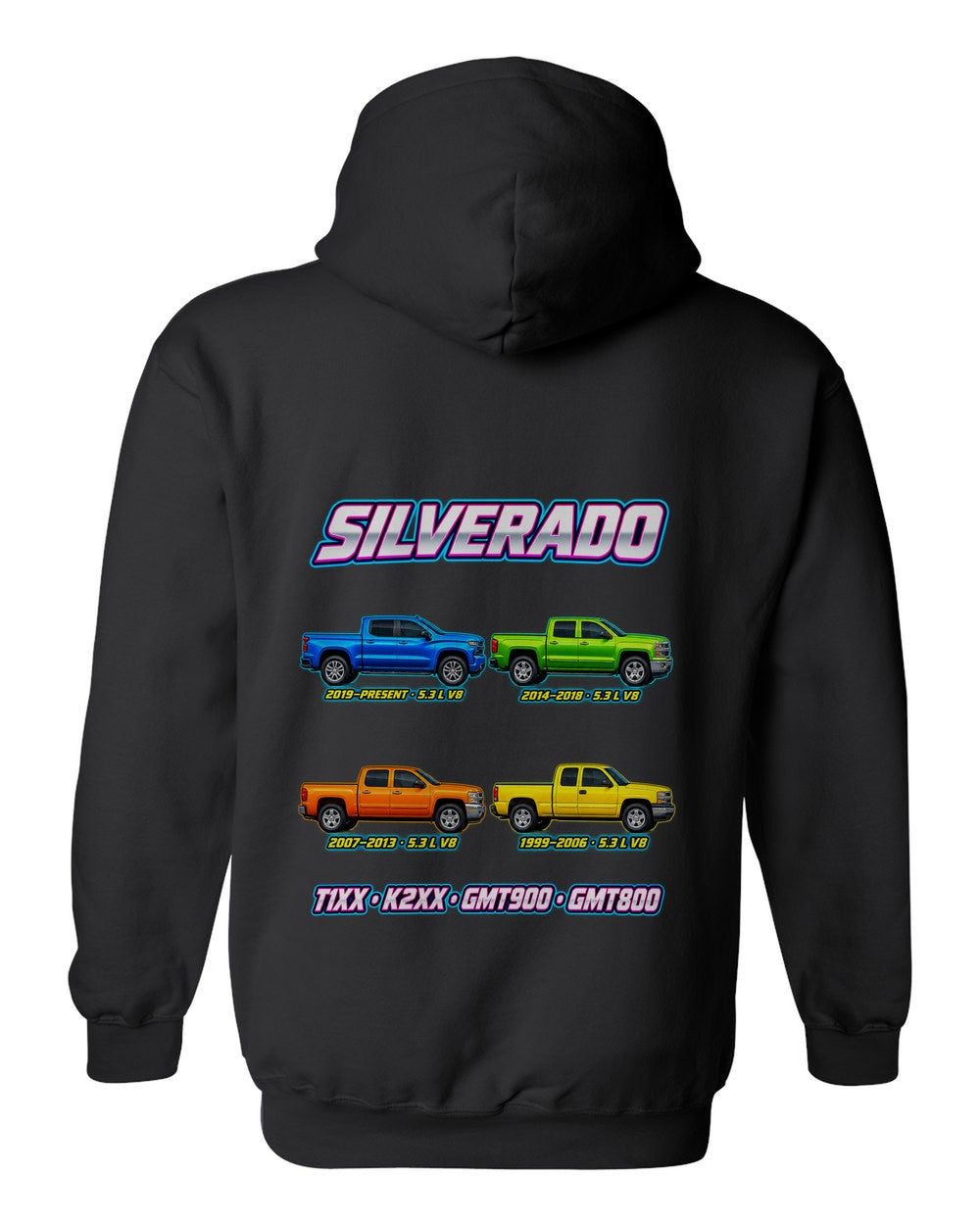 Chevy Silverado evolution poster black pull over hoodie back view with the design