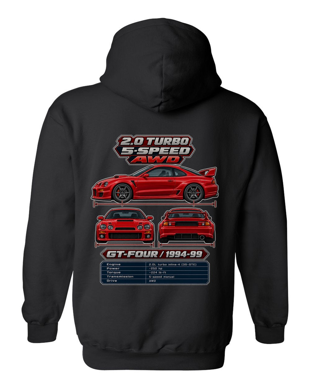 Toyota Celica Gt Four St205 spec sheet black pull over hoodie back view with the design