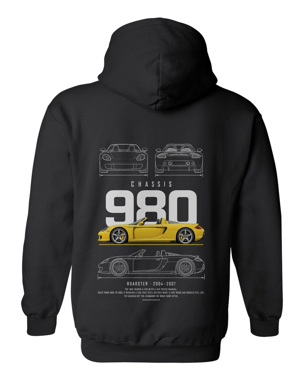 980 full-back artwork black pull over hoodie back view with the design