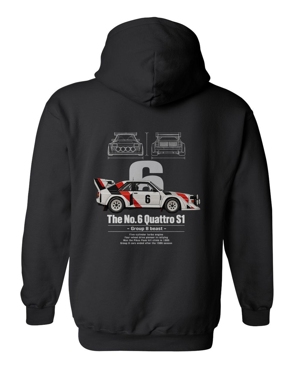No. 6 Quattro S1 black pull over hoodie back view with the design