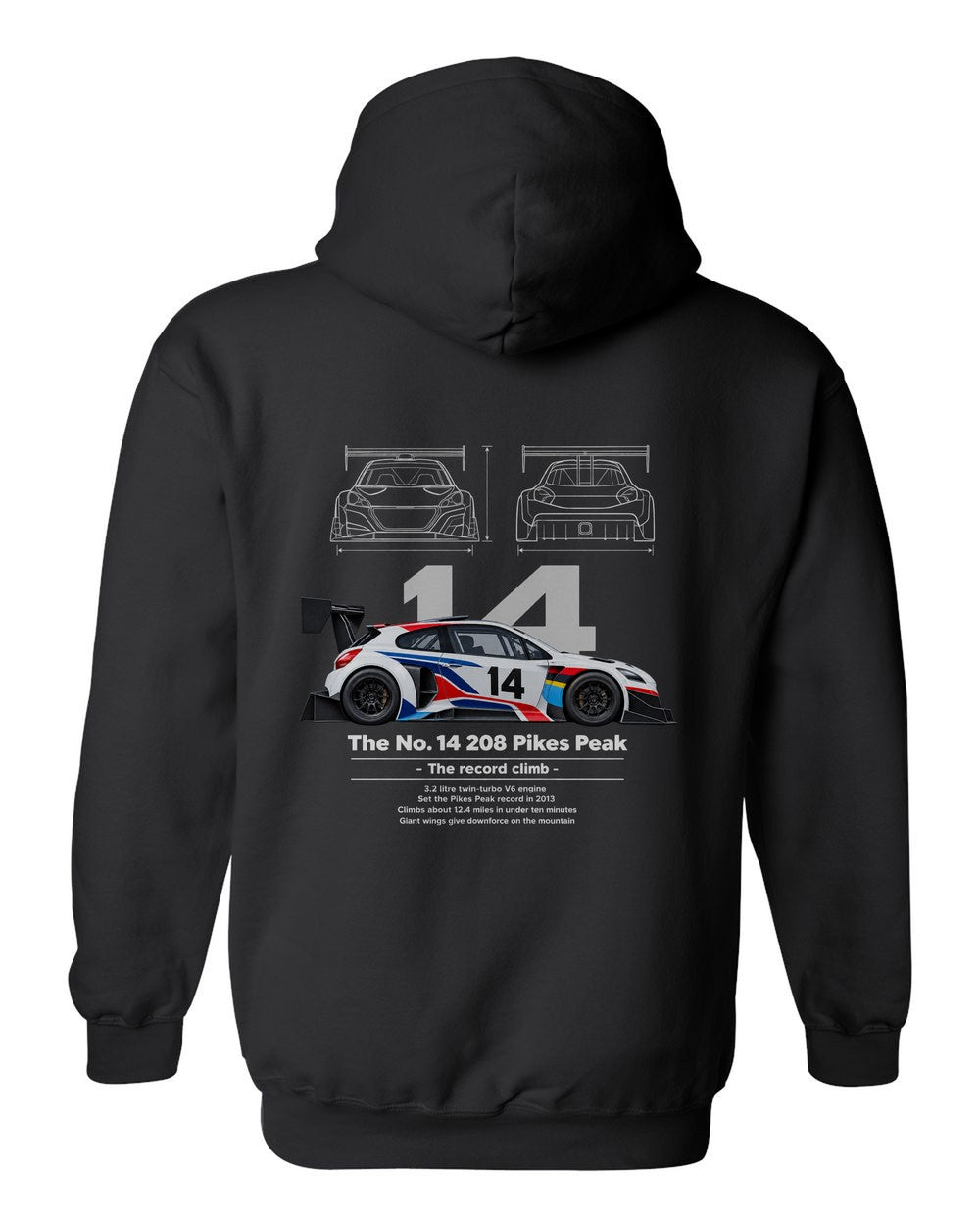 No. 14 208 Pikes Peak black pull over hoodie back view with the design
