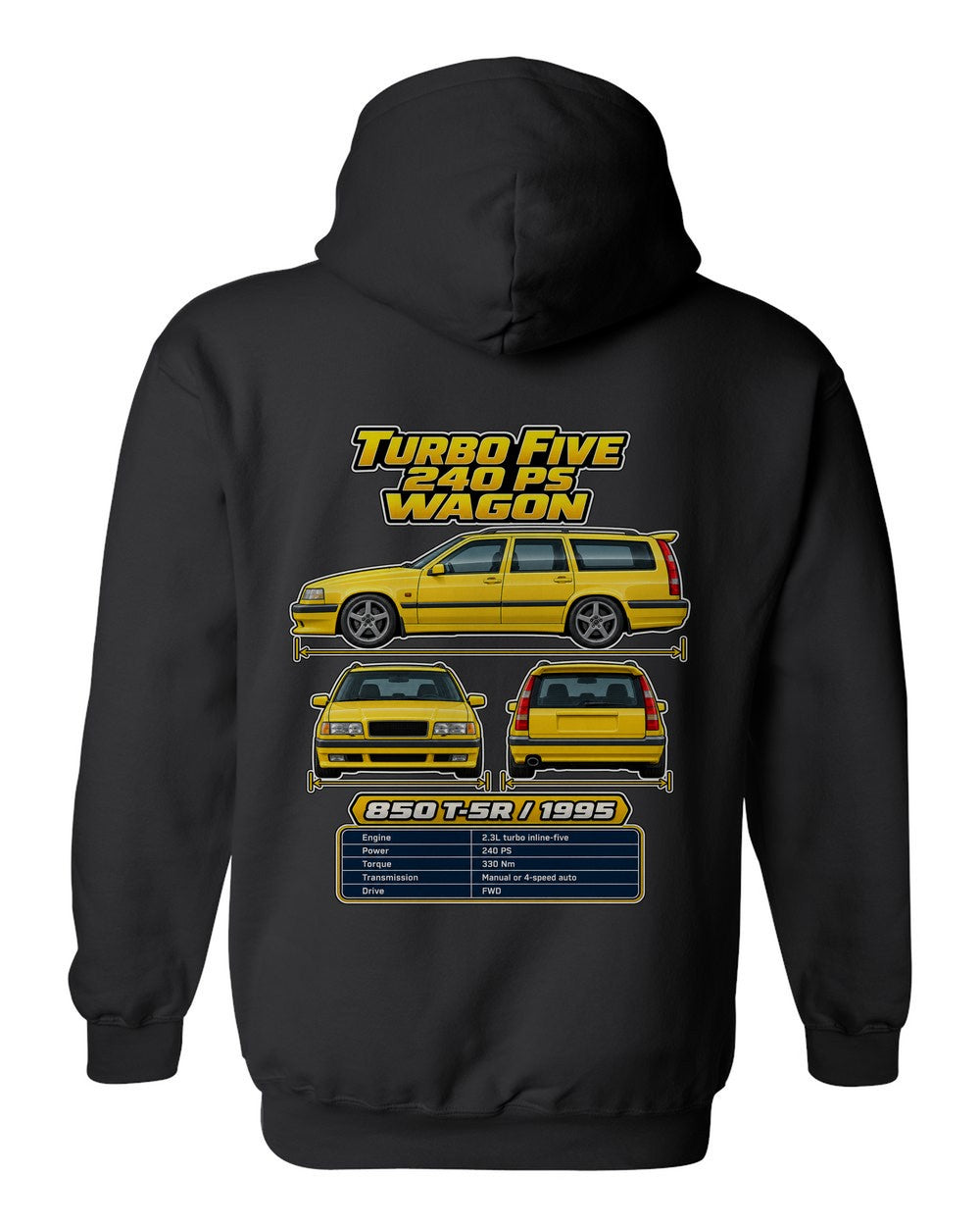 Volvo 850 T5 R spec sheet black pull over hoodie back view with the design