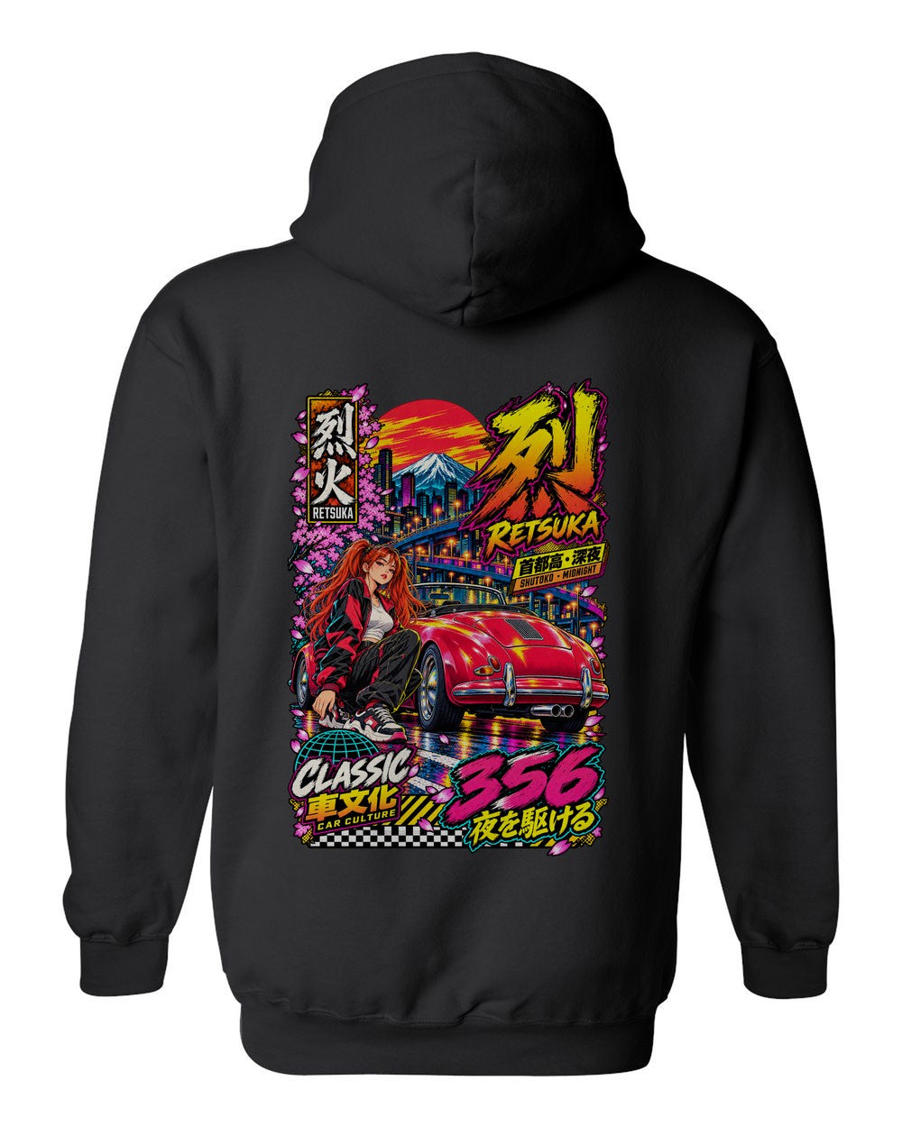 RETSUKA 356 full-back artwork black pull over hoodie back view with the design