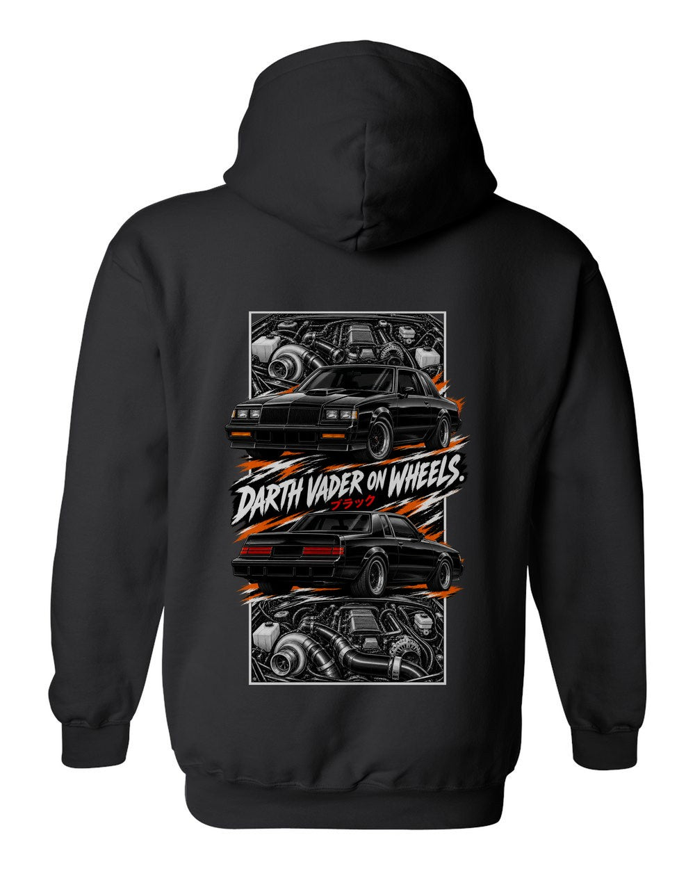 Buick Grand National torn poster black pull over hoodie back view with the design