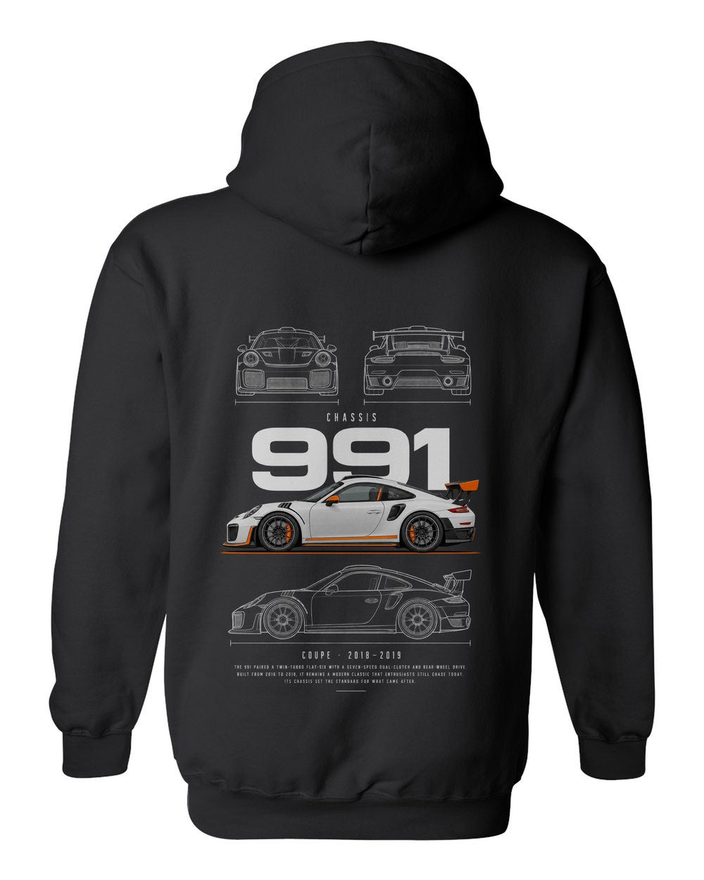 991 full-back artwork black pull over hoodie back view with the design