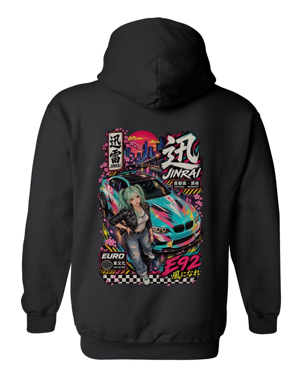 JINRAI E92 full-back artwork black pull over hoodie back view with the design