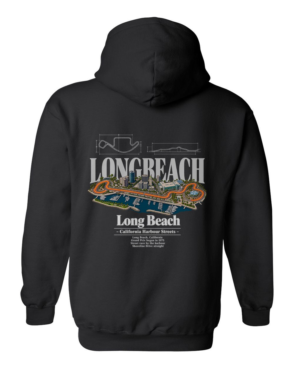 Long Beach black pull over hoodie back view with the design