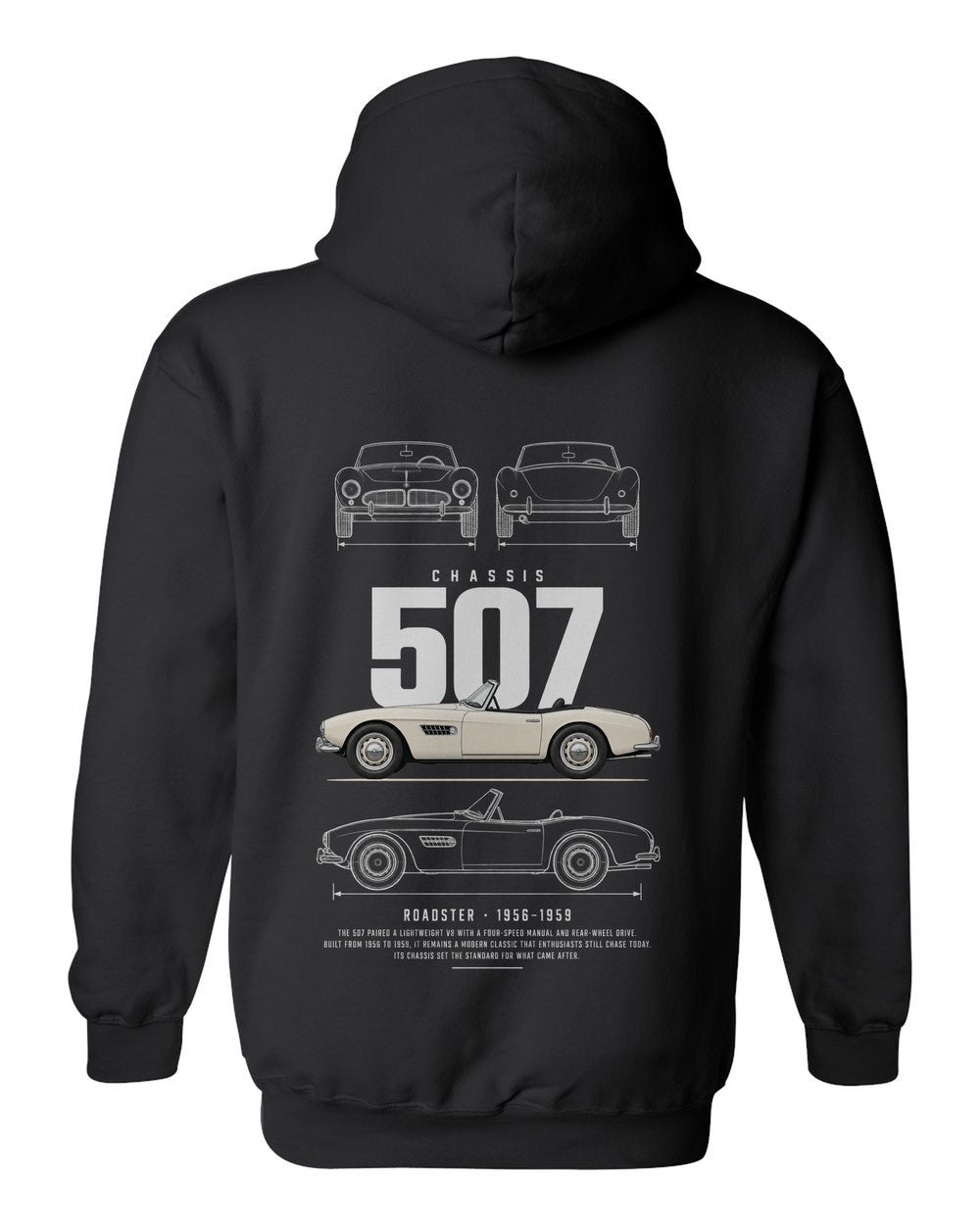 507 full-back artwork black pull over hoodie back view with the design