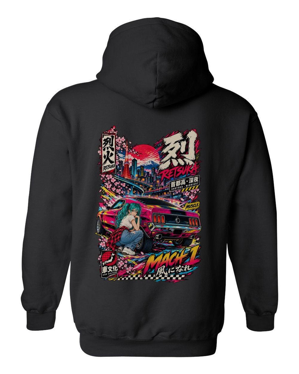 RETSUKA MACH 1 full-back artwork black pull over hoodie back view with the design