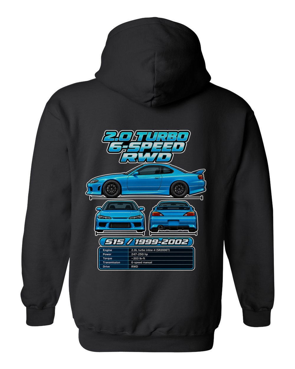 Nissan Silvia S15 spec sheet black pull over hoodie back view with the design