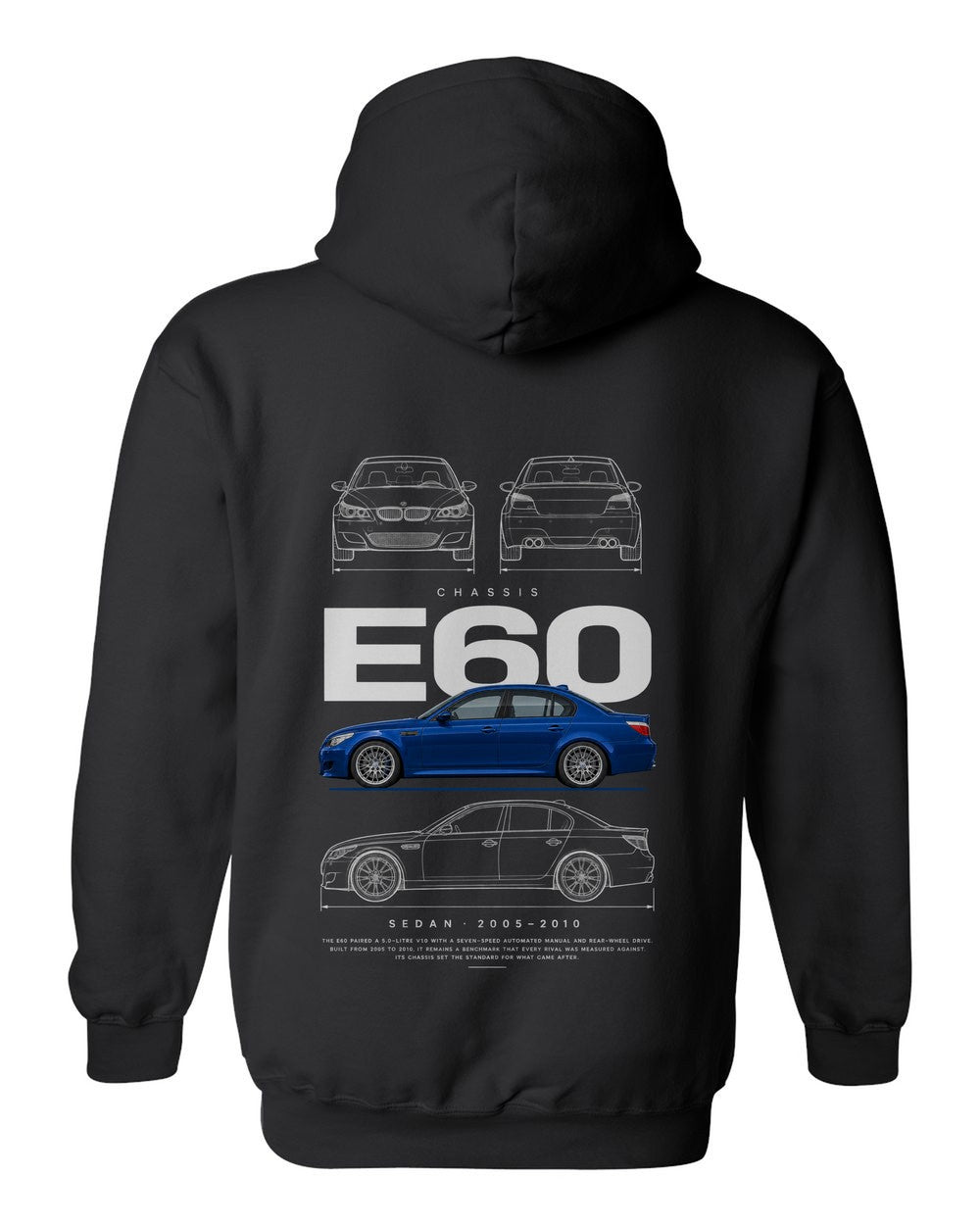 E60 full-back artwork black pull over hoodie back view with the design