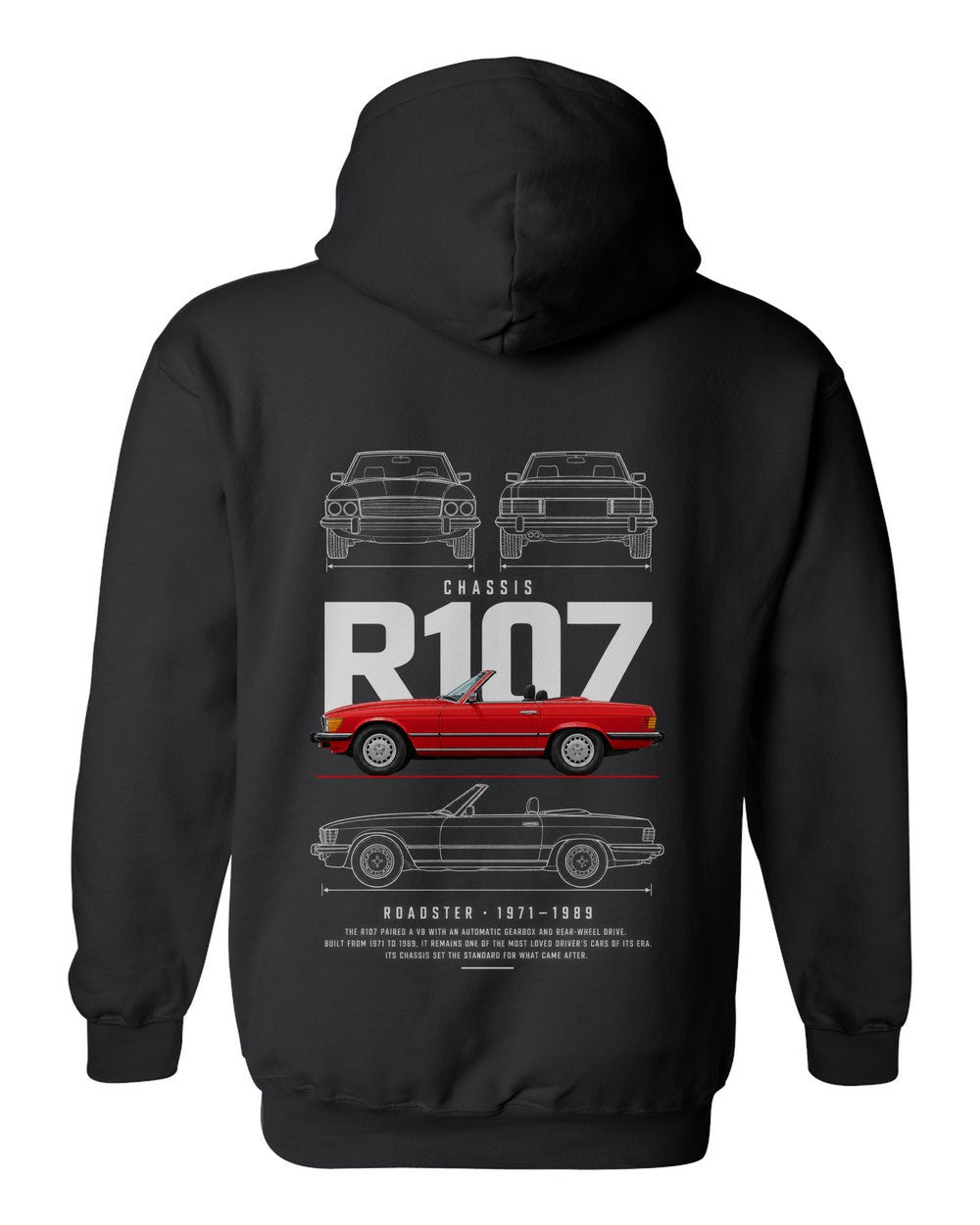 R107 full-back artwork black pull over hoodie back view with the design