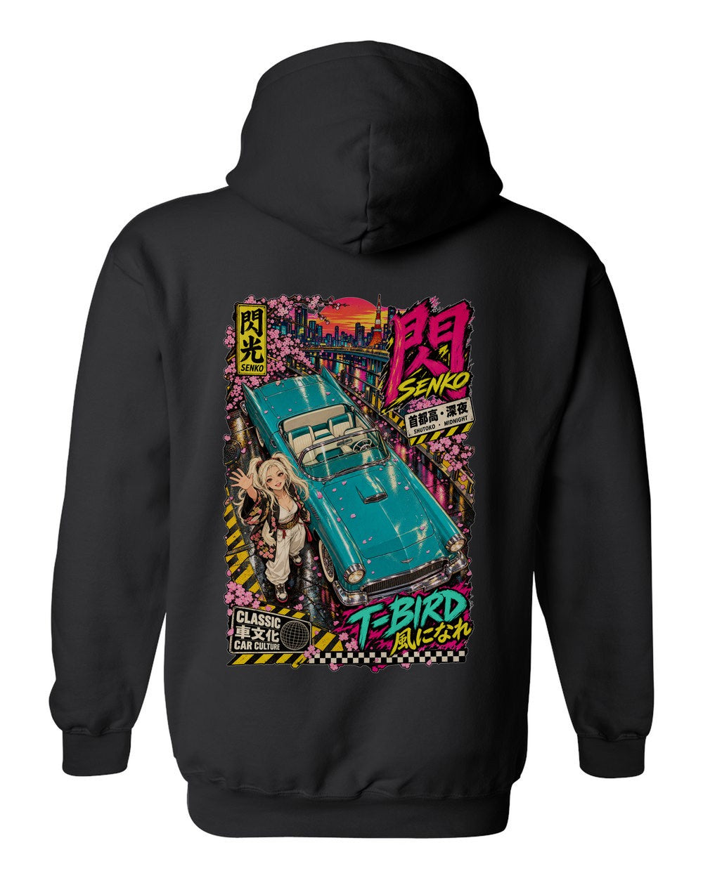 SENKO T-BIRD full-back artwork black pull over hoodie back view with the design