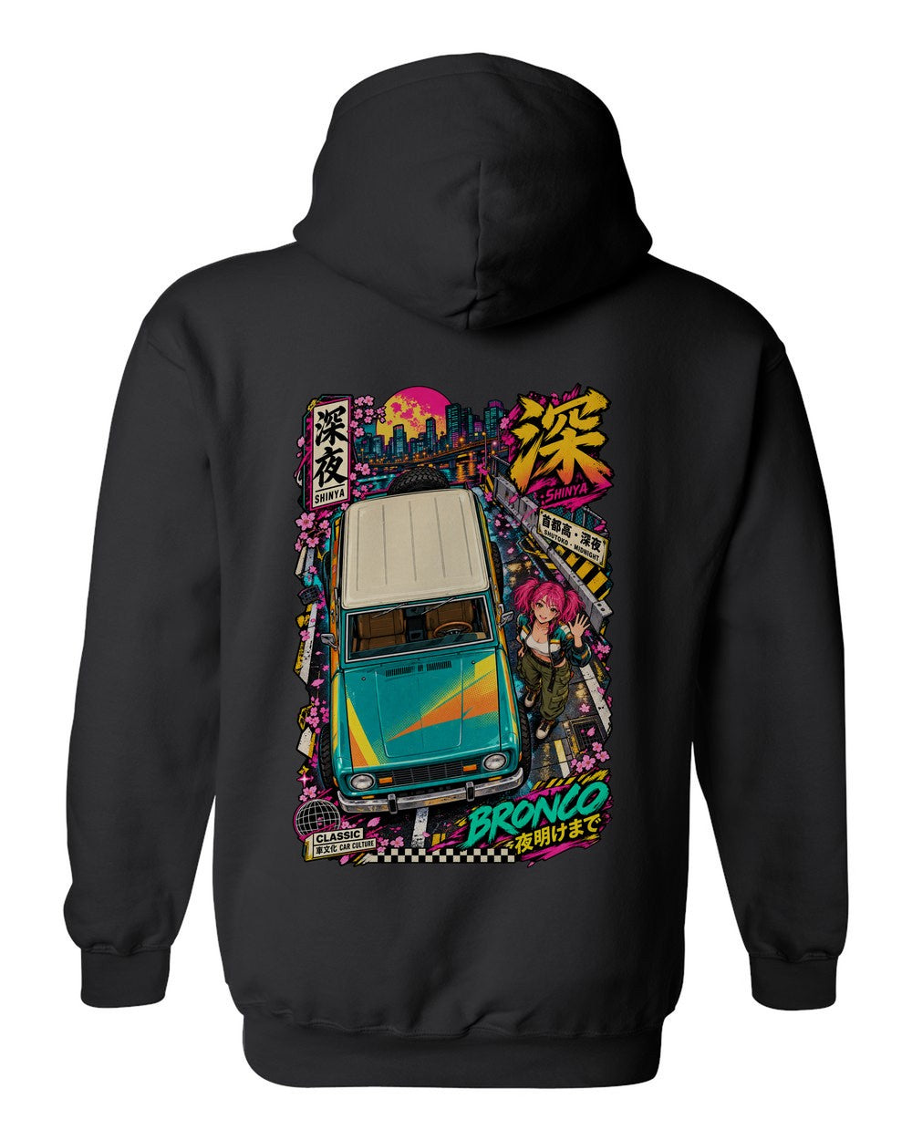 SHINYA BRONCO full-back artwork black pull over hoodie back view with the design