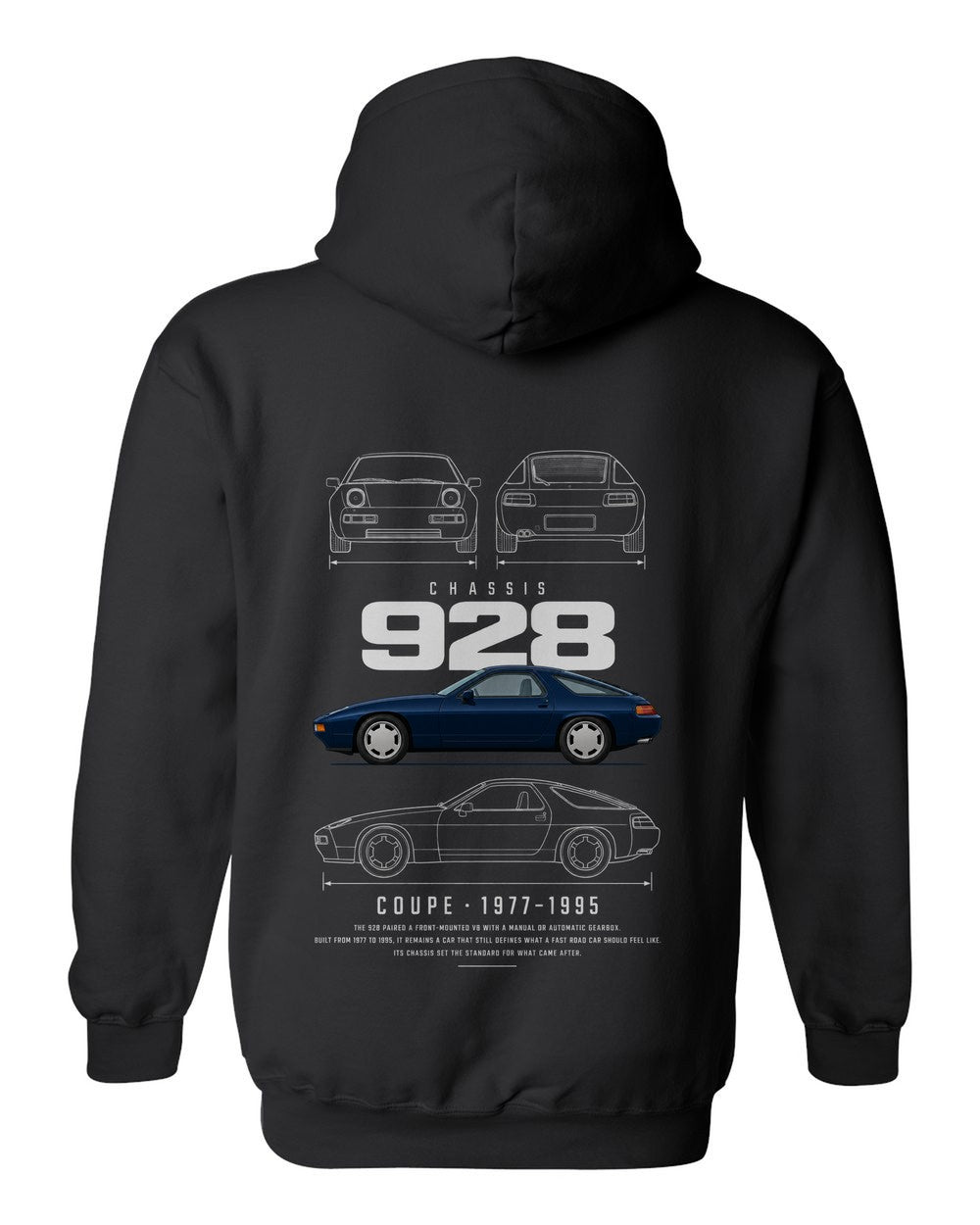 928 full-back artwork black pull over hoodie back view with the design