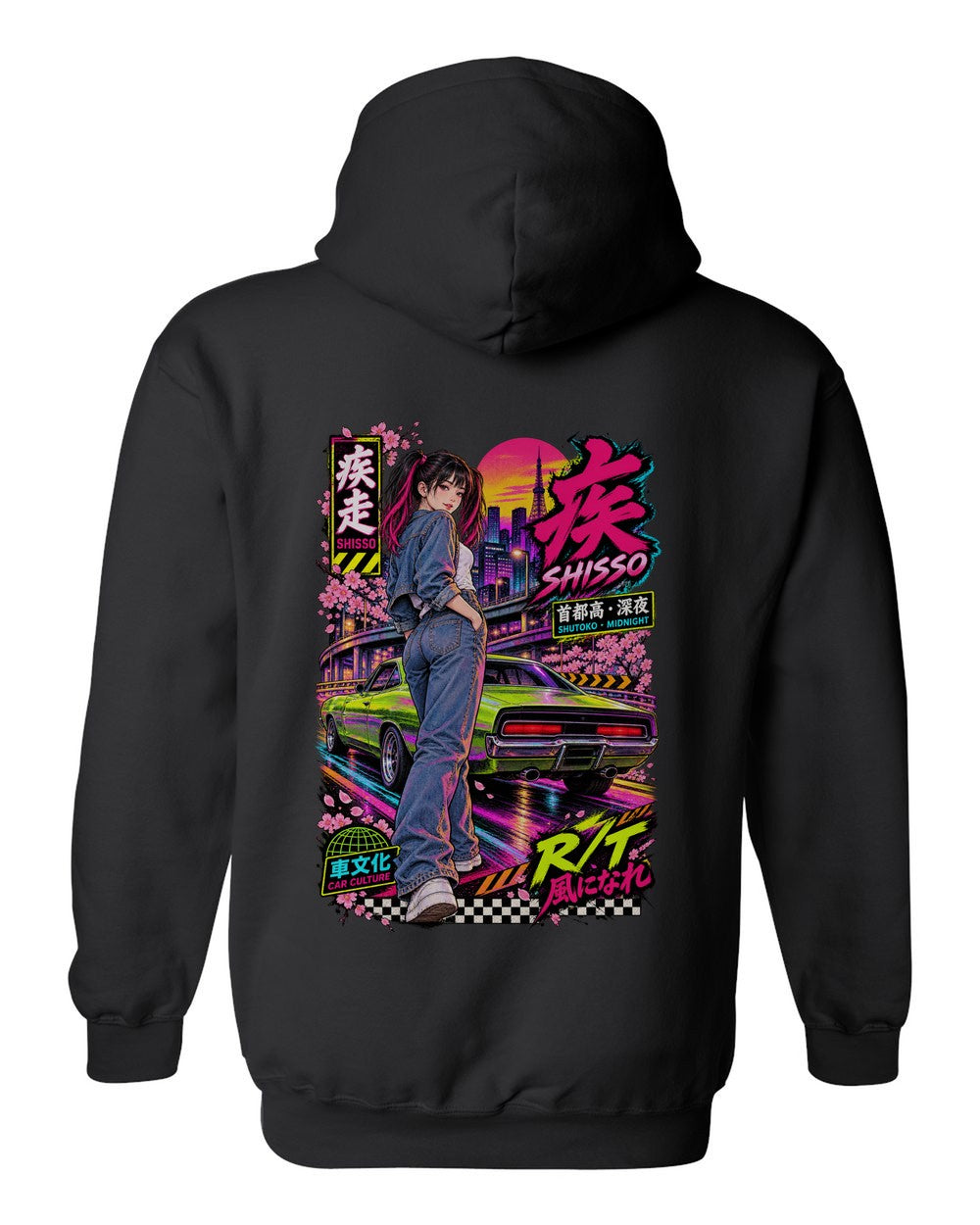 SHISSO R/T full-back artwork black pull over hoodie back view with the design