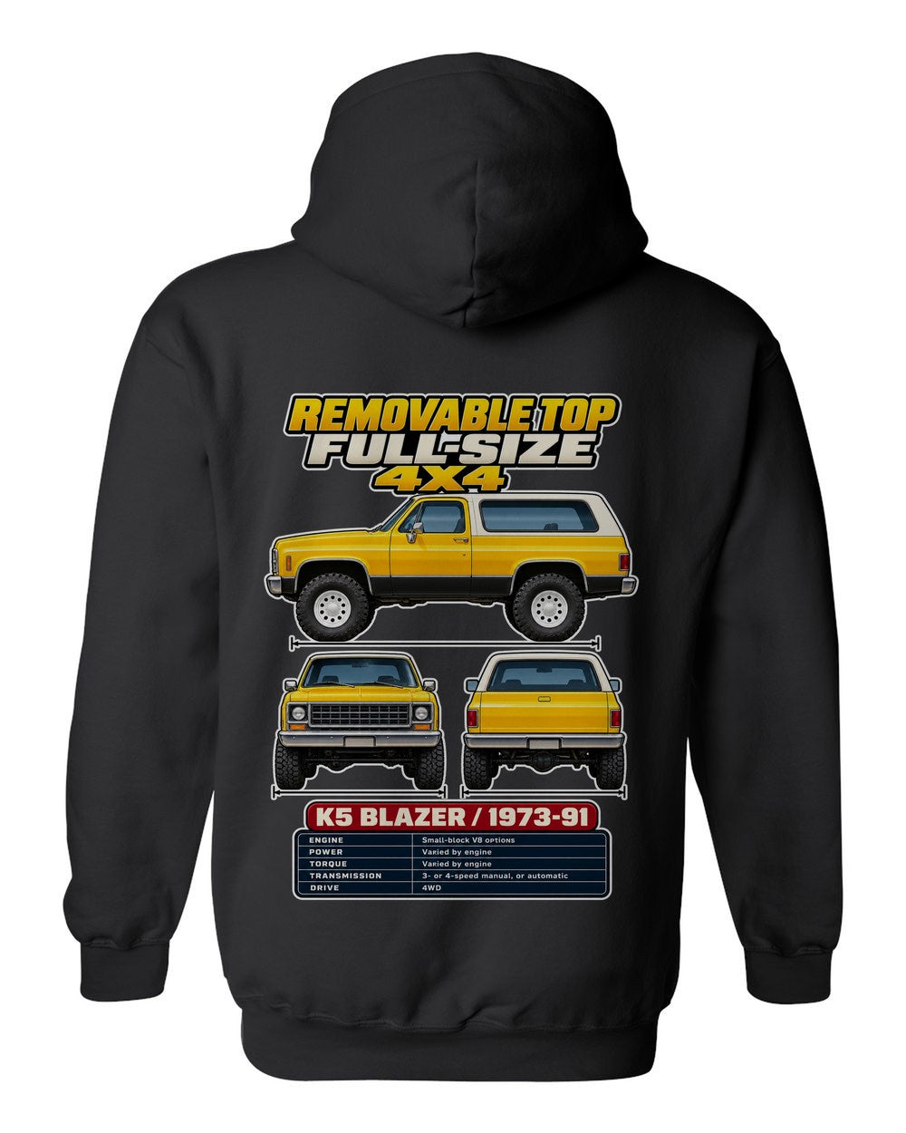 Chevrolet K5 Blazer spec sheet black pull over hoodie back view with the design