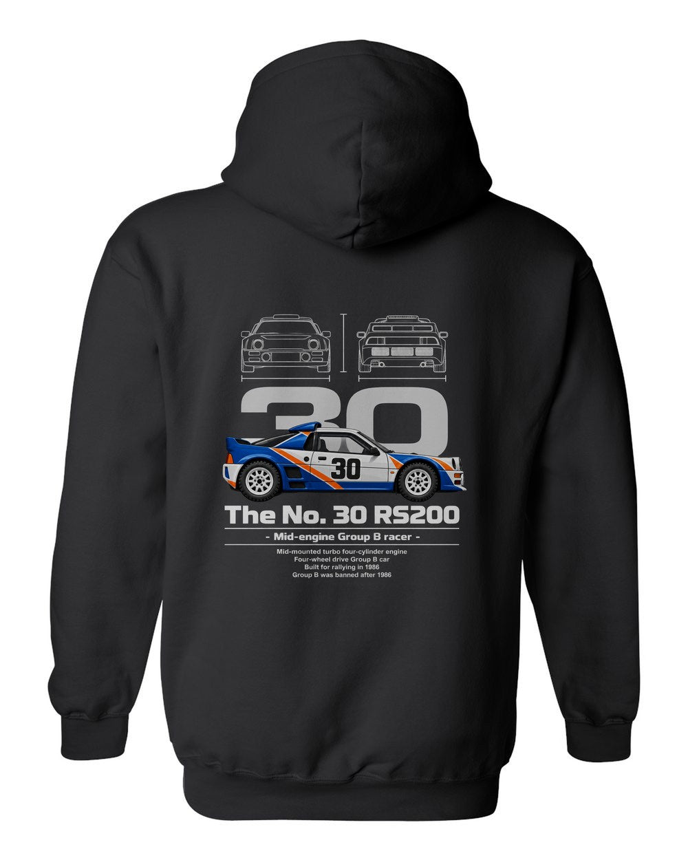 No. 30 RS200 black pull over hoodie back view with the design