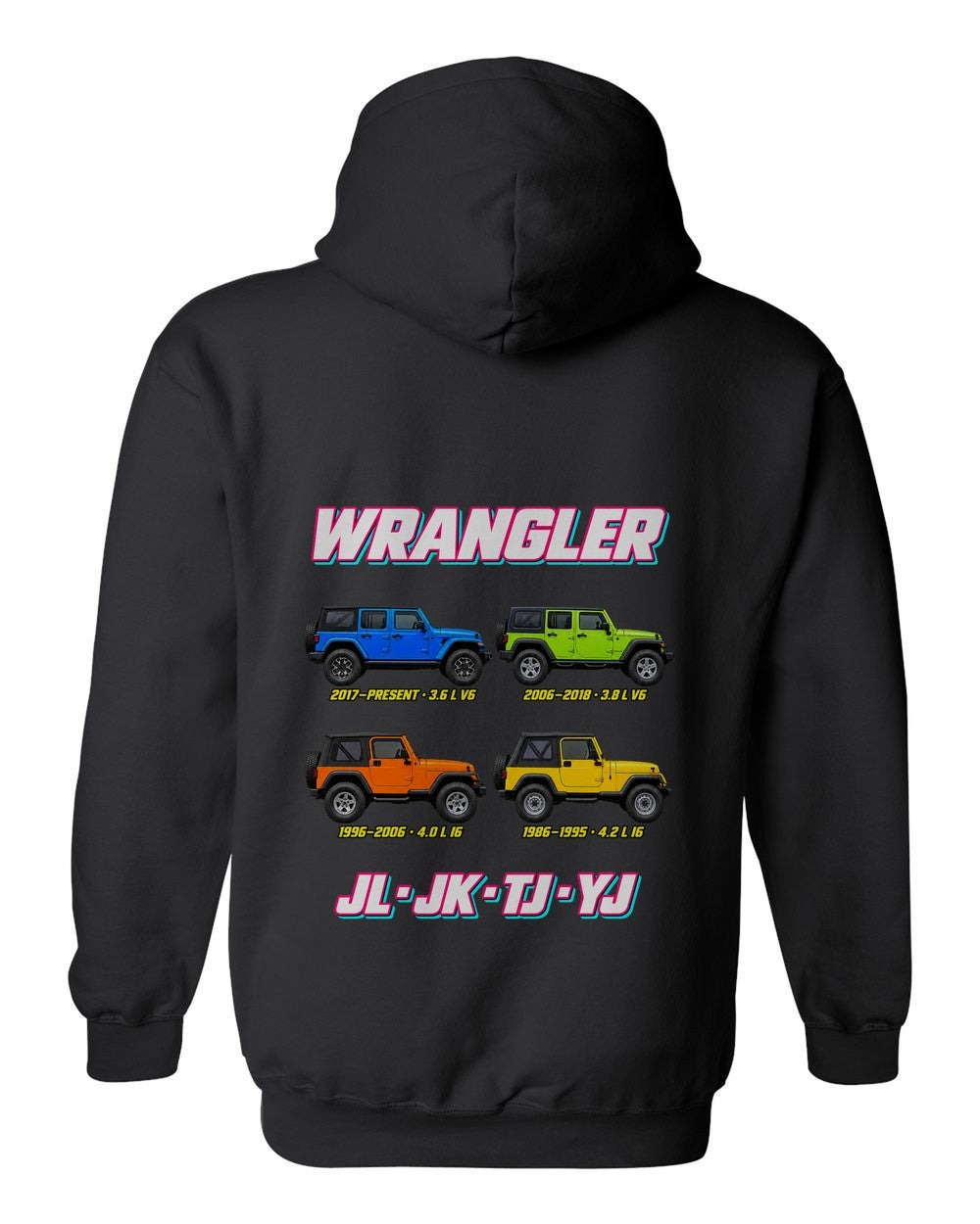 Jeep Wrangler evolution poster black pull over hoodie back view with the design