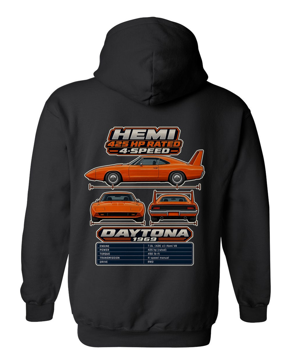 Dodge Charger Daytona spec sheet black pull over hoodie back view with the design