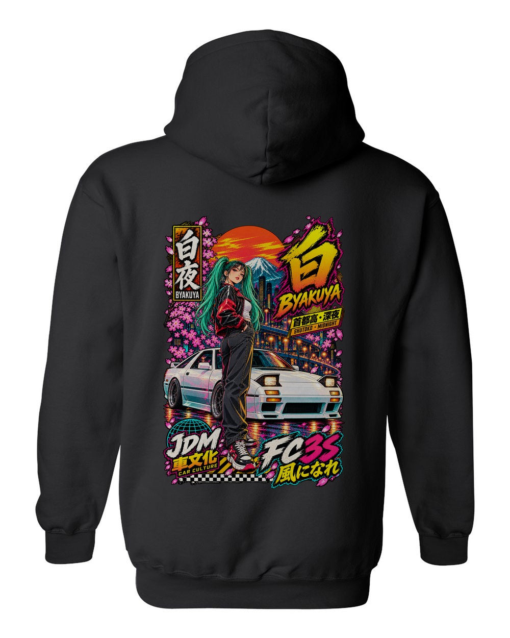 BYAKUYA FC3S full-back artwork black pull over hoodie back view with the design