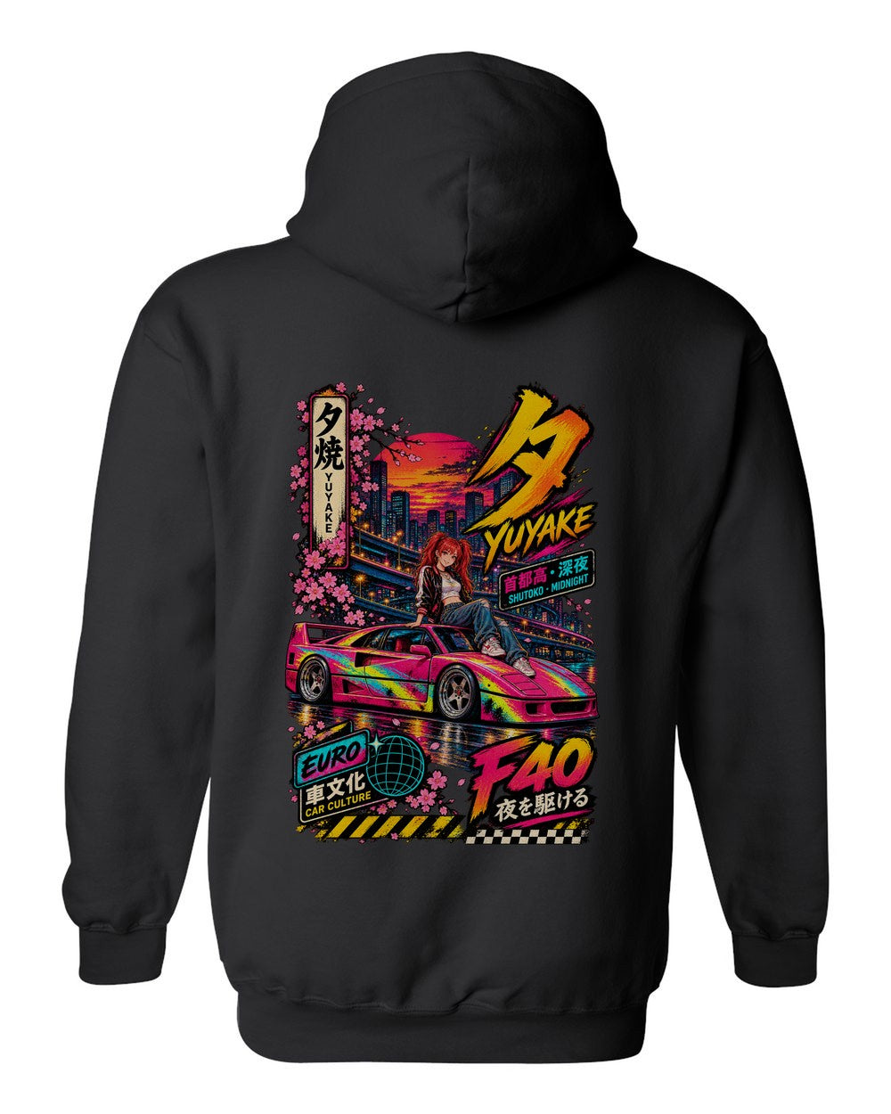 YUYAKE F40 full-back artwork black pull over hoodie back view with the design
