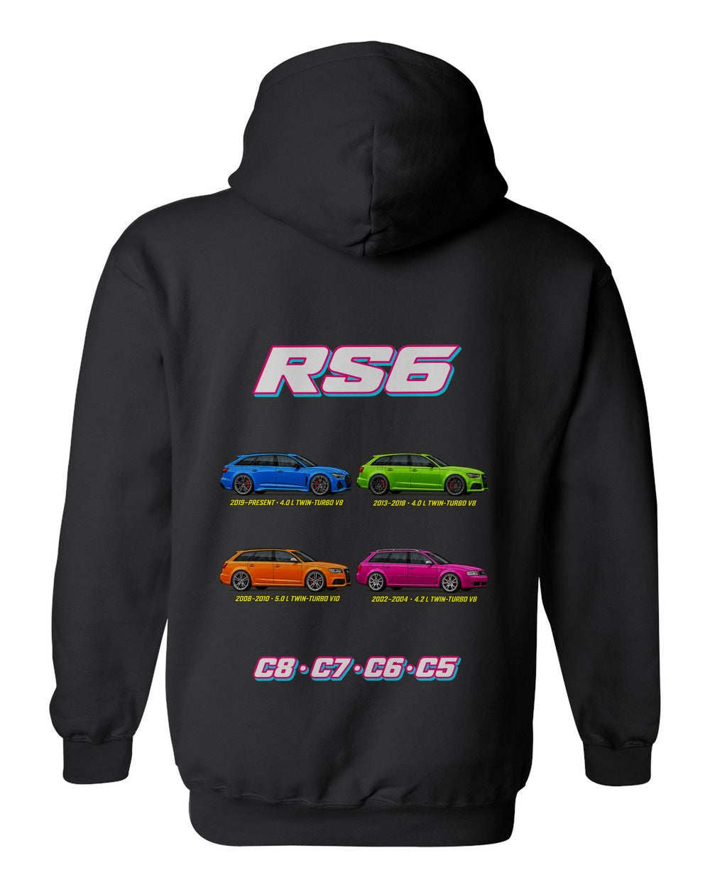 Audi RS6 evolution poster black pull over hoodie back view with the design